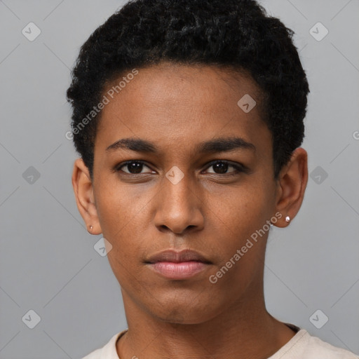 Neutral black young-adult male with short  black hair and brown eyes