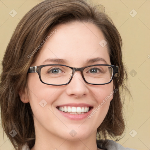 Joyful white young-adult female with medium  brown hair and green eyes