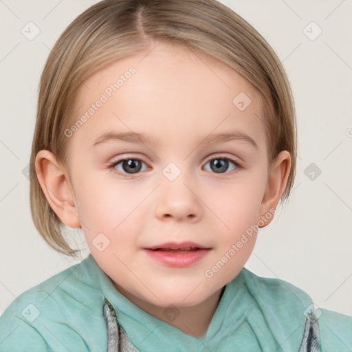 Neutral white child female with medium  brown hair and blue eyes