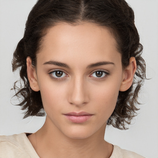 Neutral white young-adult female with medium  brown hair and brown eyes