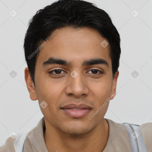 Joyful latino young-adult male with short  black hair and brown eyes