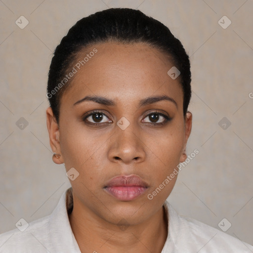 Neutral black young-adult female with short  black hair and brown eyes