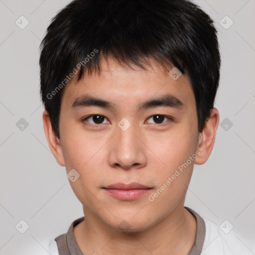 Neutral asian young-adult male with short  brown hair and brown eyes