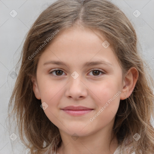 Joyful white child female with medium  brown hair and grey eyes