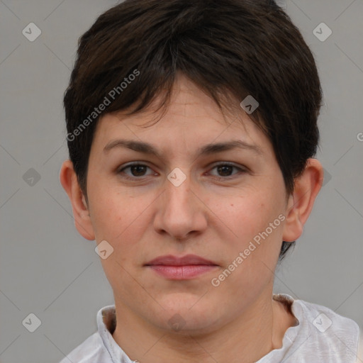 Joyful white young-adult female with short  brown hair and brown eyes