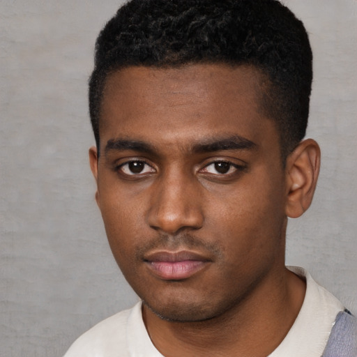 Neutral black young-adult male with short  black hair and brown eyes