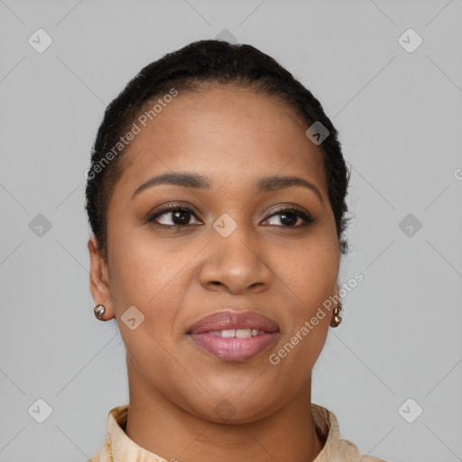 Joyful latino young-adult female with short  black hair and brown eyes