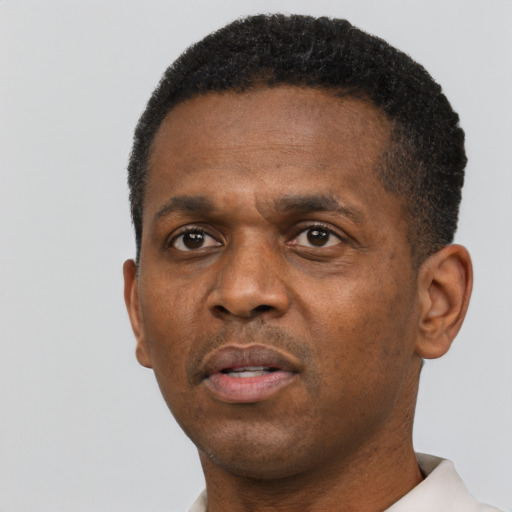 Neutral black adult male with short  black hair and brown eyes