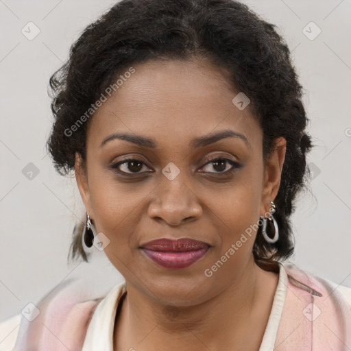 Joyful black young-adult female with long  brown hair and brown eyes