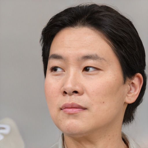 Neutral asian adult male with short  brown hair and brown eyes