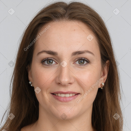 Joyful white young-adult female with long  brown hair and grey eyes