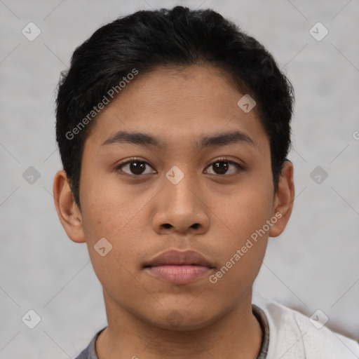 Neutral latino young-adult female with short  black hair and brown eyes