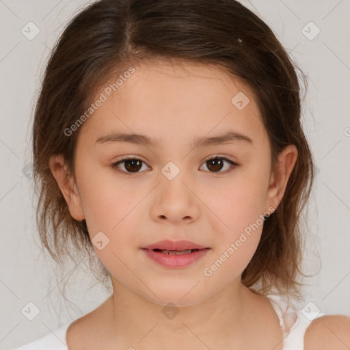 Joyful white child female with medium  brown hair and brown eyes