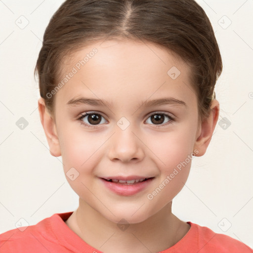 Joyful white child female with short  brown hair and brown eyes