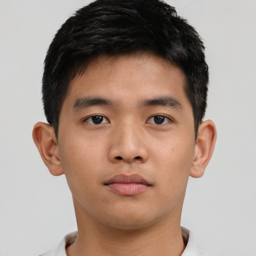 Neutral asian young-adult male with short  brown hair and brown eyes