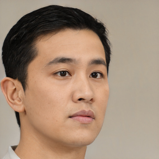 Neutral asian young-adult male with short  black hair and brown eyes