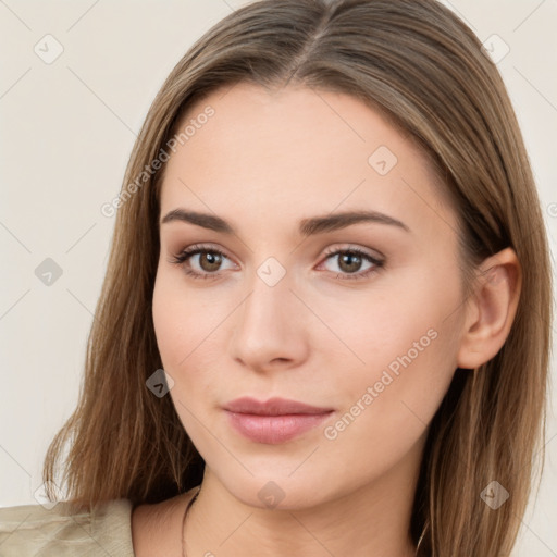 Neutral white young-adult female with long  brown hair and brown eyes