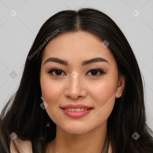 Joyful asian young-adult female with long  brown hair and brown eyes