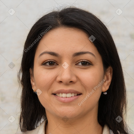 Joyful latino young-adult female with medium  brown hair and brown eyes