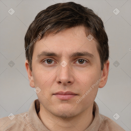 Neutral white young-adult male with short  brown hair and brown eyes