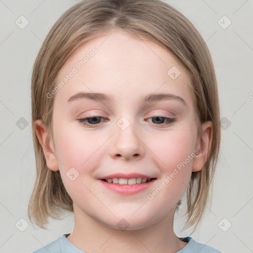 Joyful white child female with medium  brown hair and grey eyes