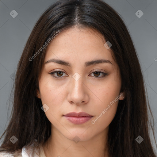 Neutral white young-adult female with long  brown hair and brown eyes