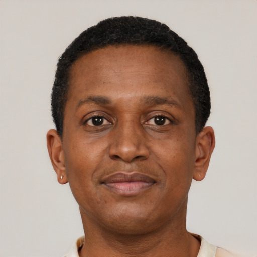 Neutral black adult male with short  black hair and brown eyes