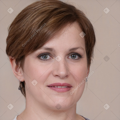 Joyful white young-adult female with medium  brown hair and blue eyes