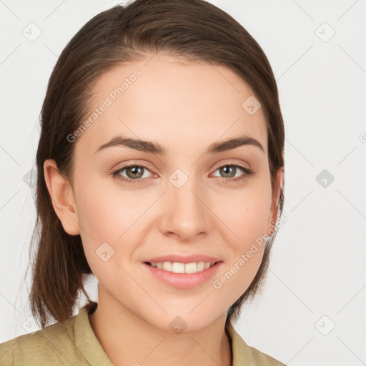 Joyful white young-adult female with medium  brown hair and brown eyes