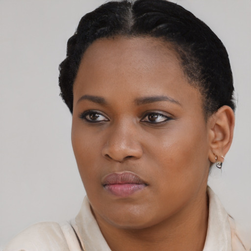 Neutral black young-adult female with short  black hair and brown eyes