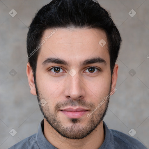 Neutral white young-adult male with short  black hair and brown eyes