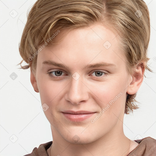 Joyful white young-adult female with medium  brown hair and blue eyes