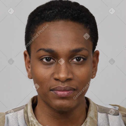 Neutral black young-adult female with short  black hair and brown eyes