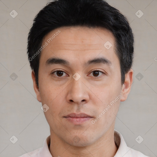 Neutral asian young-adult male with short  black hair and brown eyes