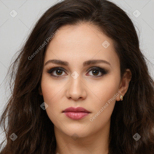 Neutral white young-adult female with long  brown hair and brown eyes