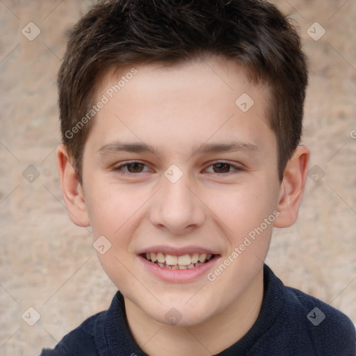 Joyful white child male with short  brown hair and brown eyes