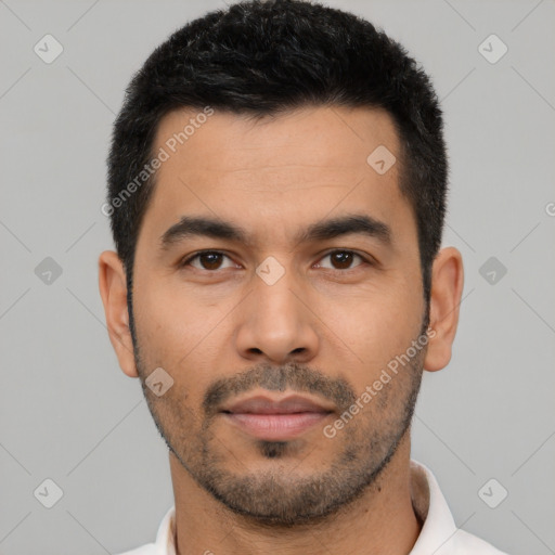 Neutral asian young-adult male with short  black hair and brown eyes