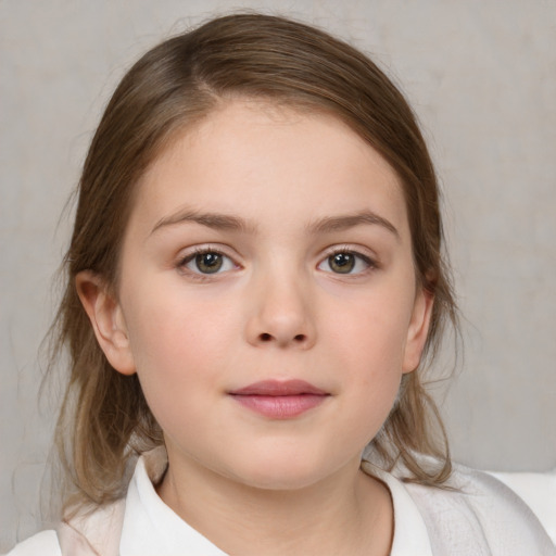 Neutral white child female with medium  brown hair and blue eyes