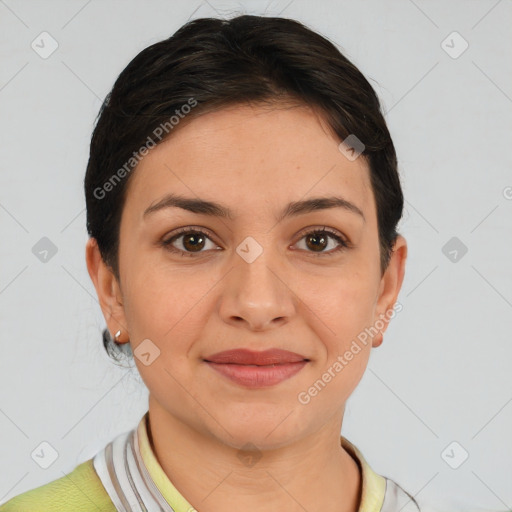 Joyful white young-adult female with short  brown hair and brown eyes