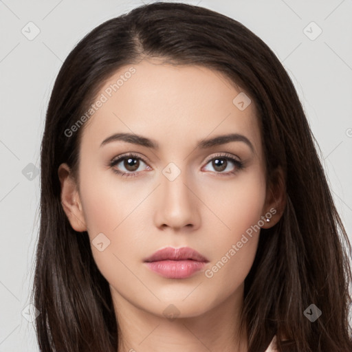 Neutral white young-adult female with long  brown hair and brown eyes