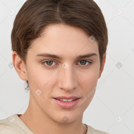 Joyful white young-adult female with short  brown hair and brown eyes