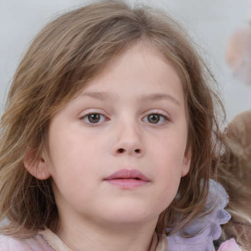 Neutral white child female with medium  brown hair and grey eyes