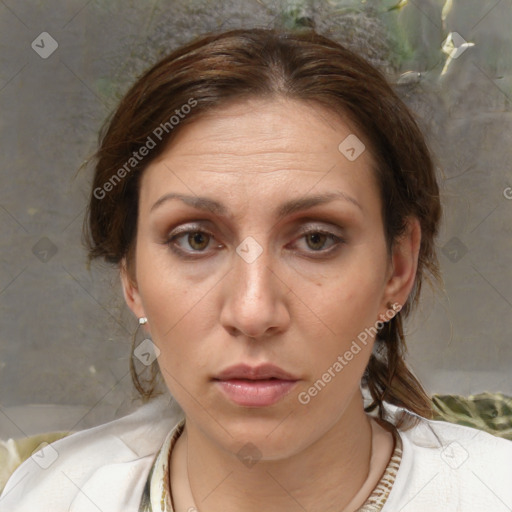 Neutral white adult female with medium  brown hair and brown eyes