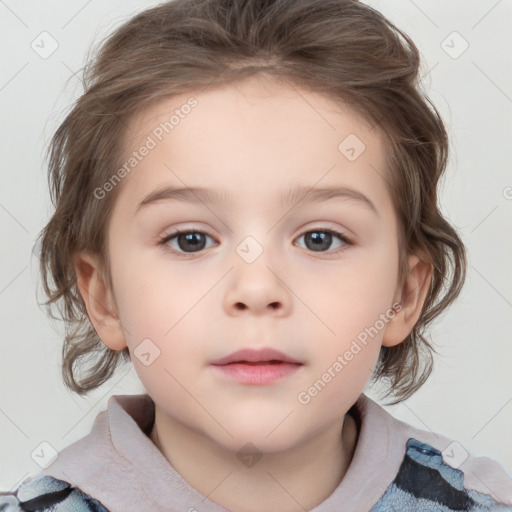 Neutral white child female with medium  brown hair and grey eyes