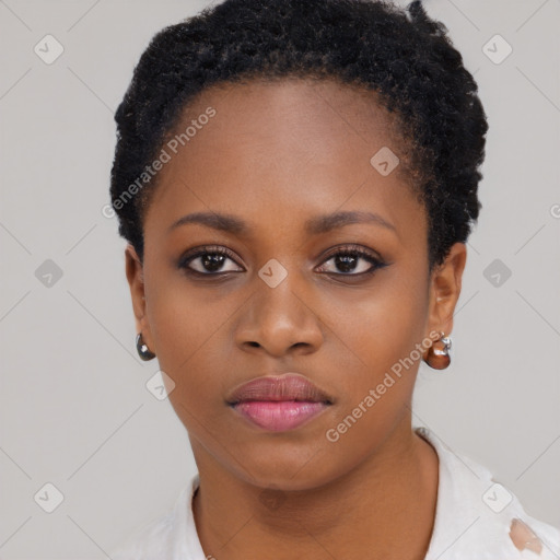 Neutral black young-adult female with short  black hair and brown eyes