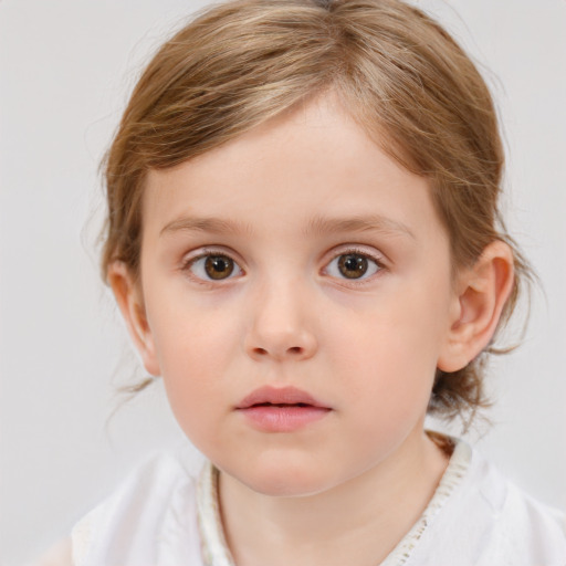 Neutral white child female with medium  brown hair and blue eyes