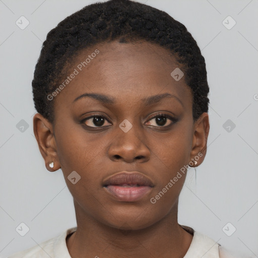 Neutral black young-adult female with short  brown hair and brown eyes