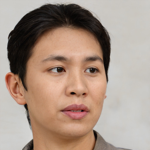 Neutral asian young-adult male with short  brown hair and brown eyes