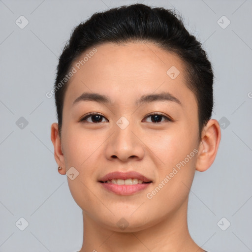 Joyful white young-adult female with short  brown hair and brown eyes