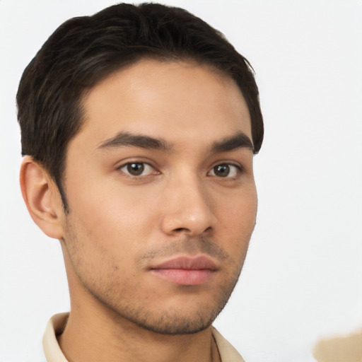 Neutral latino young-adult male with short  brown hair and brown eyes